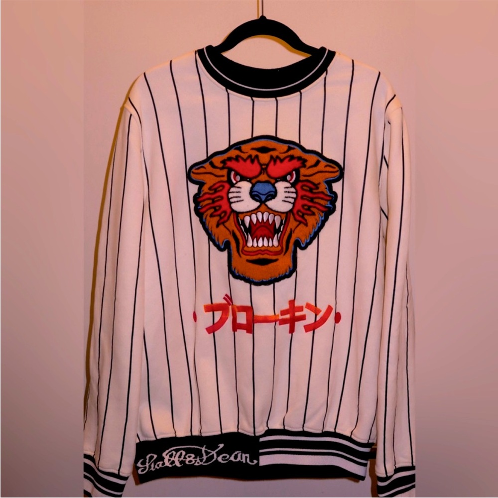 White and Black Striped Crewneck Sweater